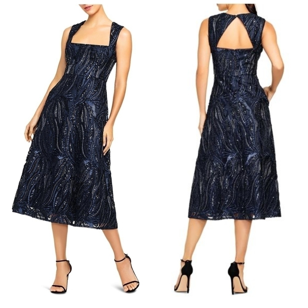 Aidan Mattox Sequined Box Neck Fit & Flare Dress